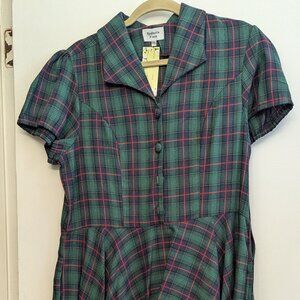 Unique Vintage Magnolia Place Hunter Green Plaid Swing Dress 3XL BNWT